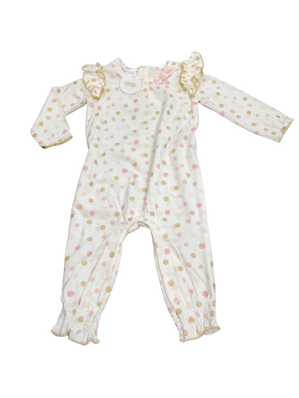 Mud Pie Pink & Gold Polka Dot Ruffle Bodysuit Romper Baby Girl NEW Size 9-12 Mo
